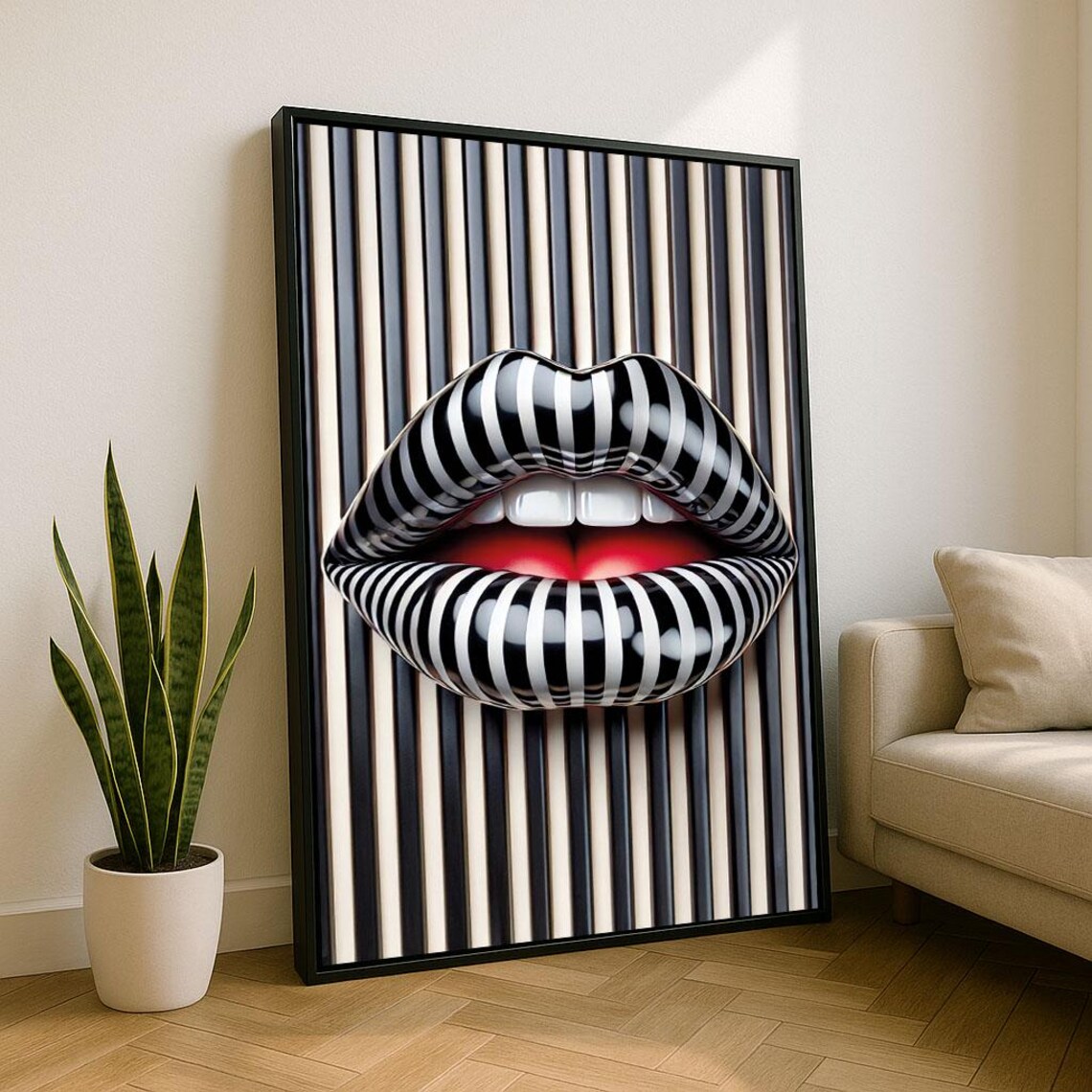 Black White Striped Lips Pop Art Poster With Bold Red Mouth Detail