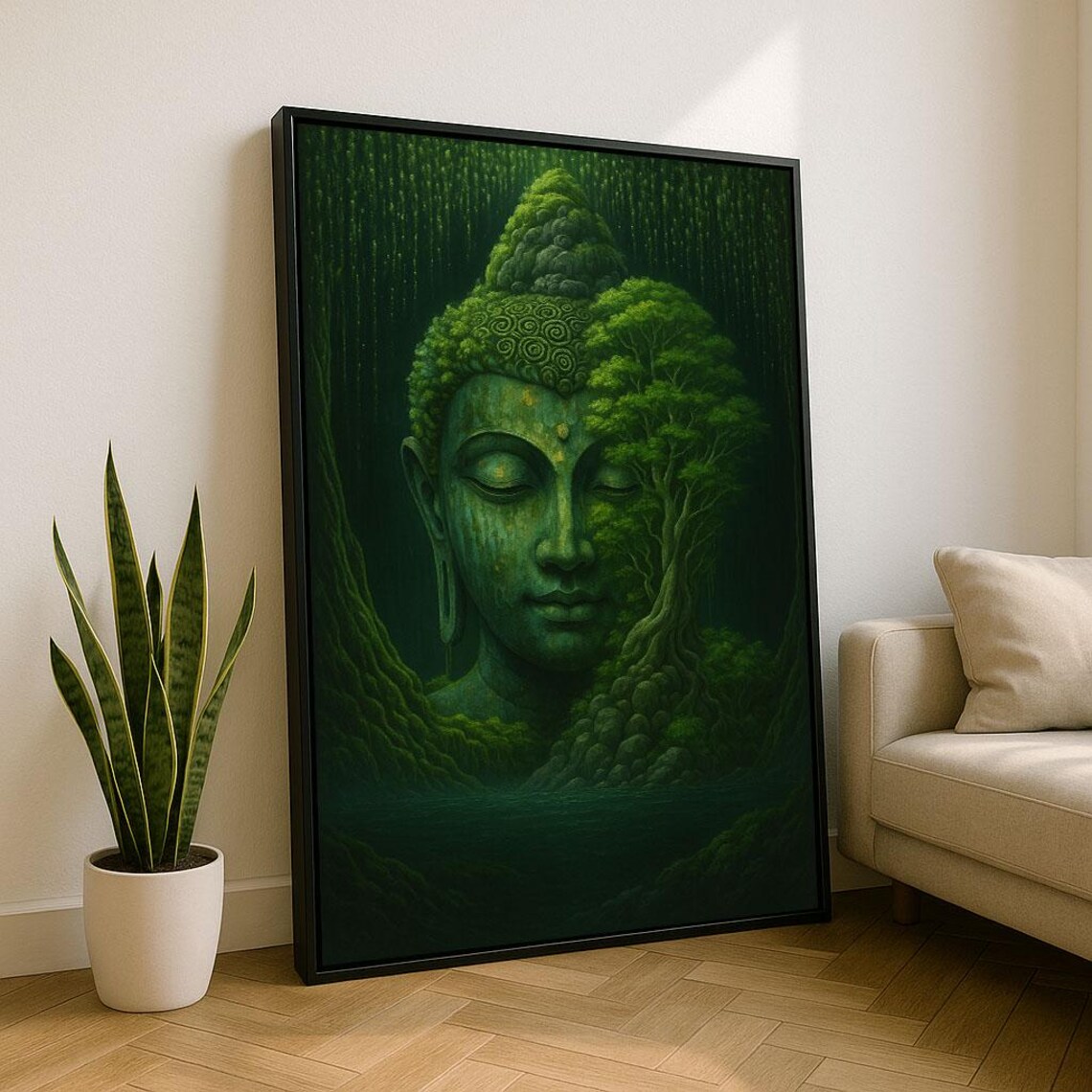 Green Buddha Head Lush Forest Zen Meditation Spiritual Art Poster