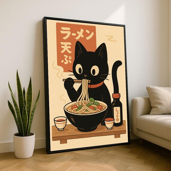 Black Cat Eating Ramen with Chopsticks Cute Japanese Art Poster