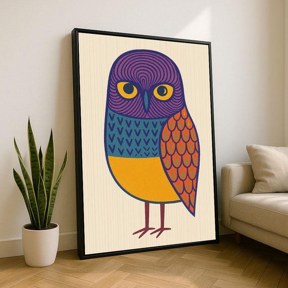 Colorful Owl Illustration Canvas Wall Art Print Modern Boho Living Room Decor Statement Piece