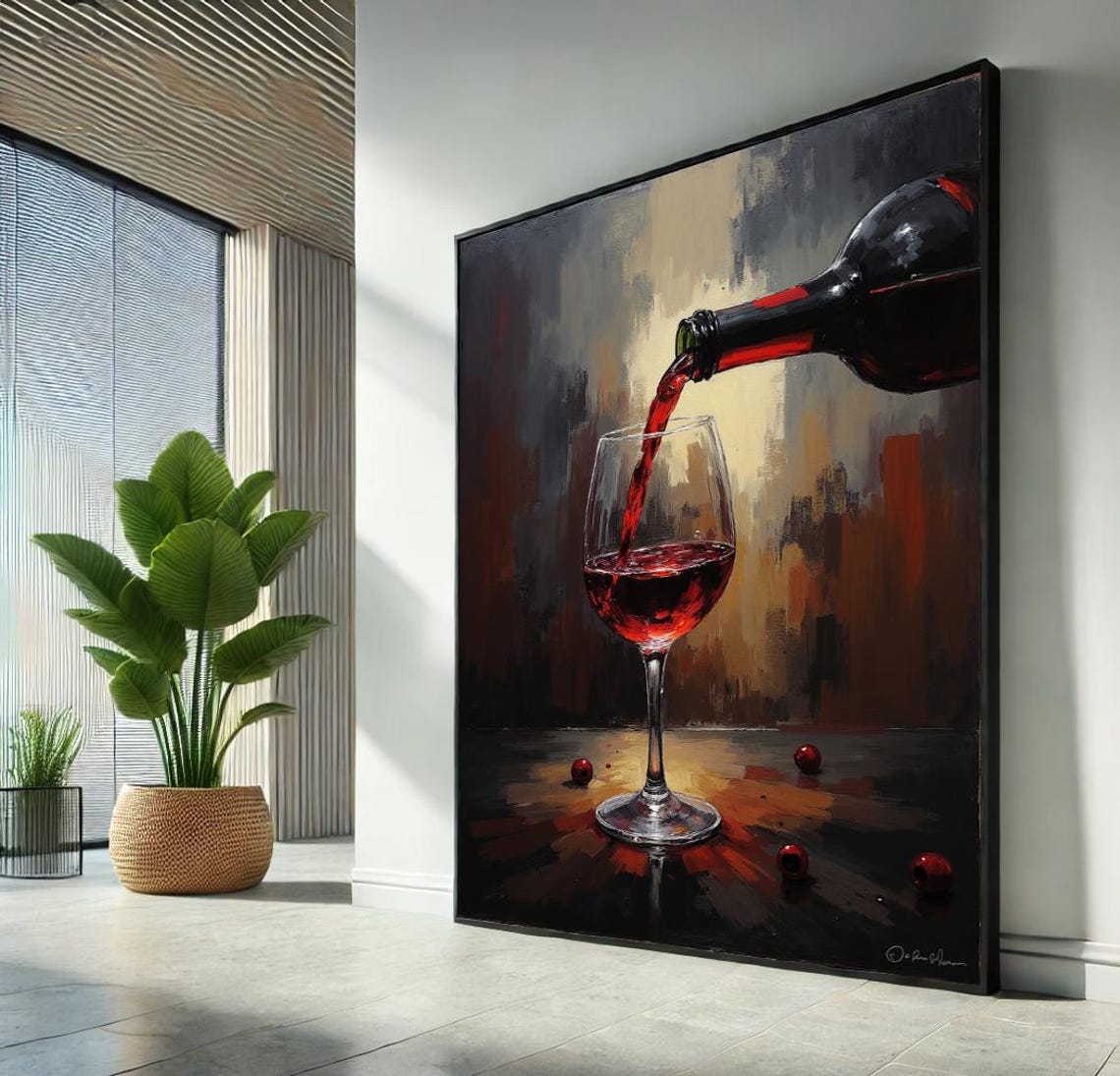 Red Wine Pouring into Glass with Grapes Rustic Still Life Wall Art