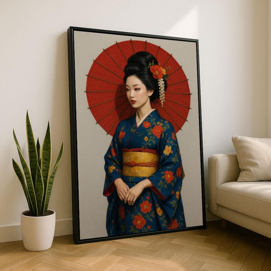 Japanese Geisha with Red Parasol Blue Floral Kimono Elegant Poster