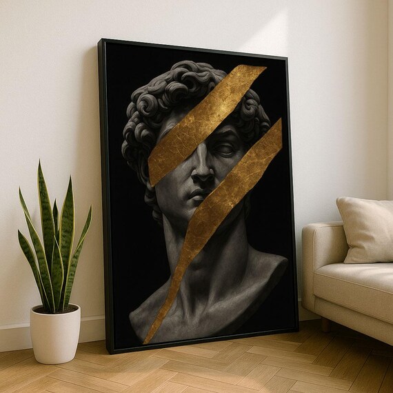 Michelangelos David Bust Gold Leaf Ribbon Classical Dark Art Poster
