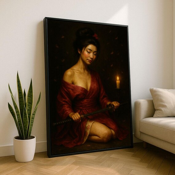 Serene Asian Woman With Katana Canvas Wall Art Print Warm Living Room Decor Statement Piece