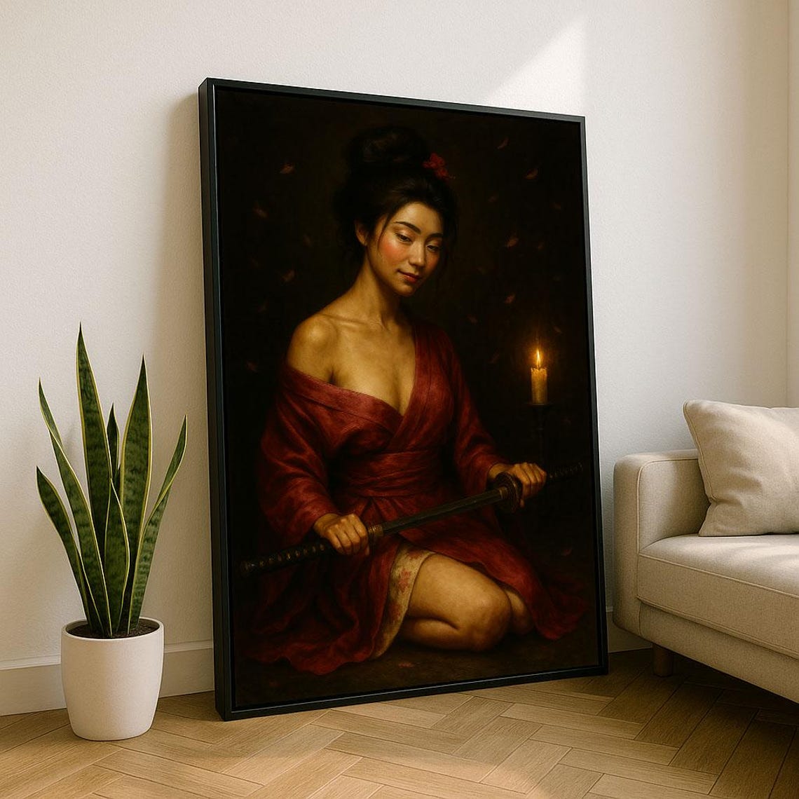 Serene Samurai Woman Red Kimono Katana Candlelight Warm Tones Poster