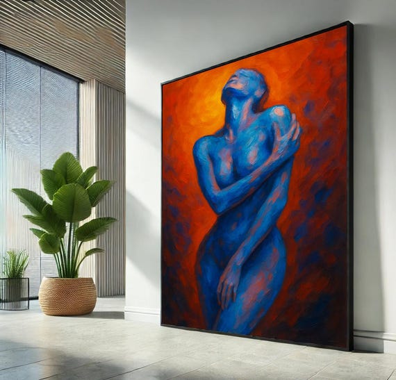 Blue Nude Expressionist Art Bold Female Canvas Wall Print Modern Color Contrast Decor Emotional Woman Portrait Ready To Hang