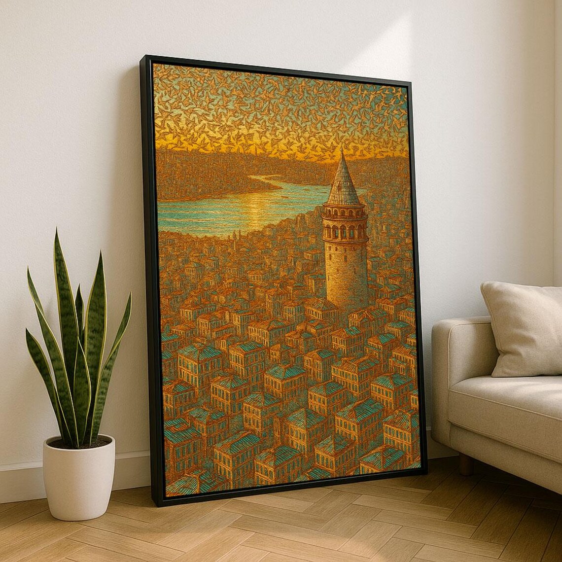 Istanbul Galata Tower Sunset Cityscape Birds Travel Art Poster