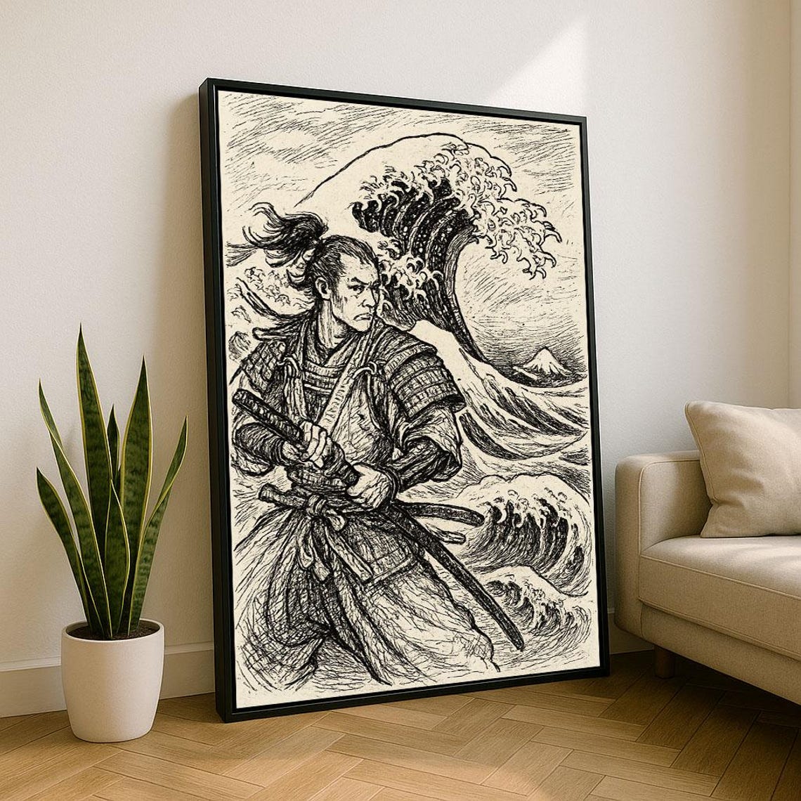 Fierce Japanese Samurai Warrior Monochrome Great Wave Ink Poster