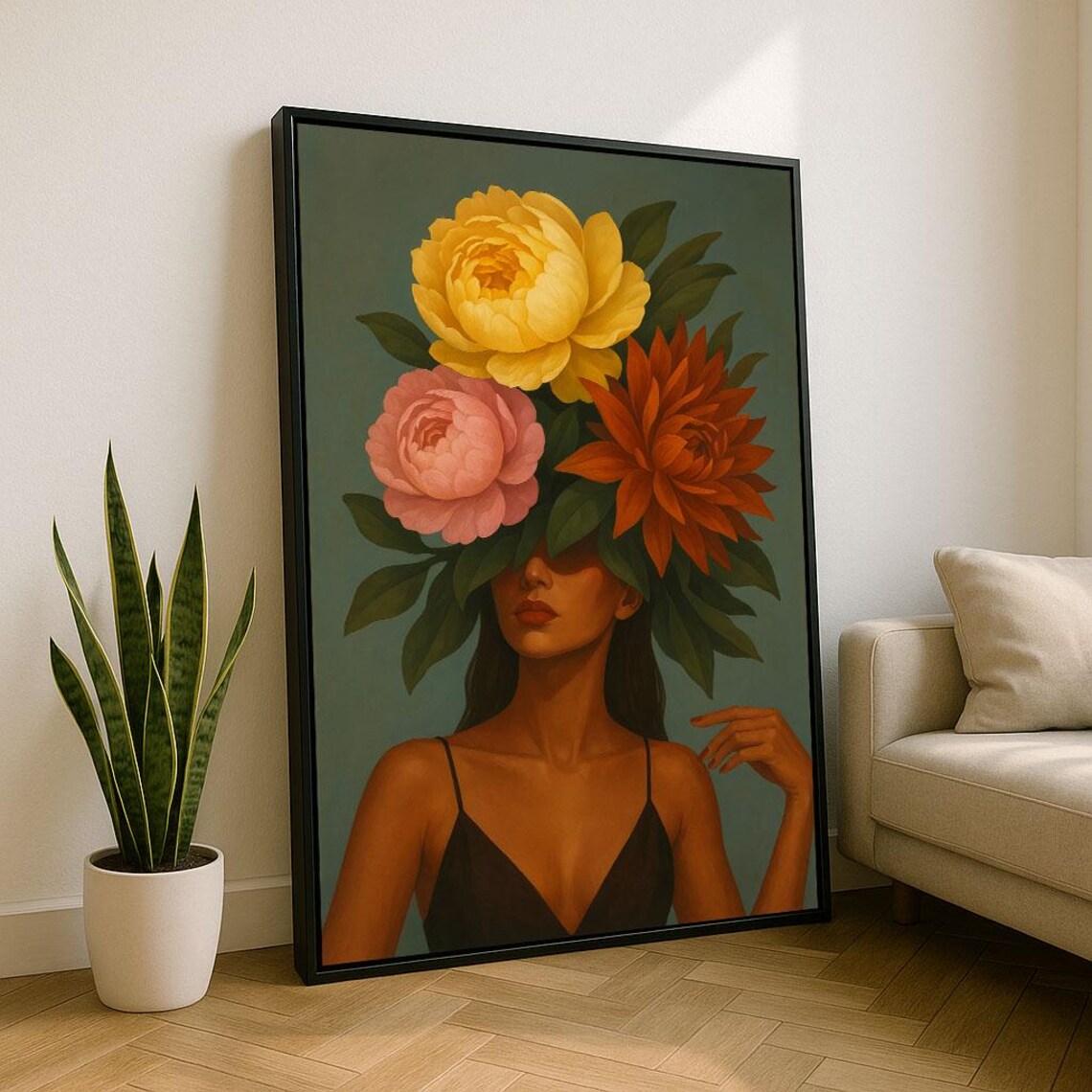 Woman With Floral Crown Peony Dahlia Boho Botanical Art Poster