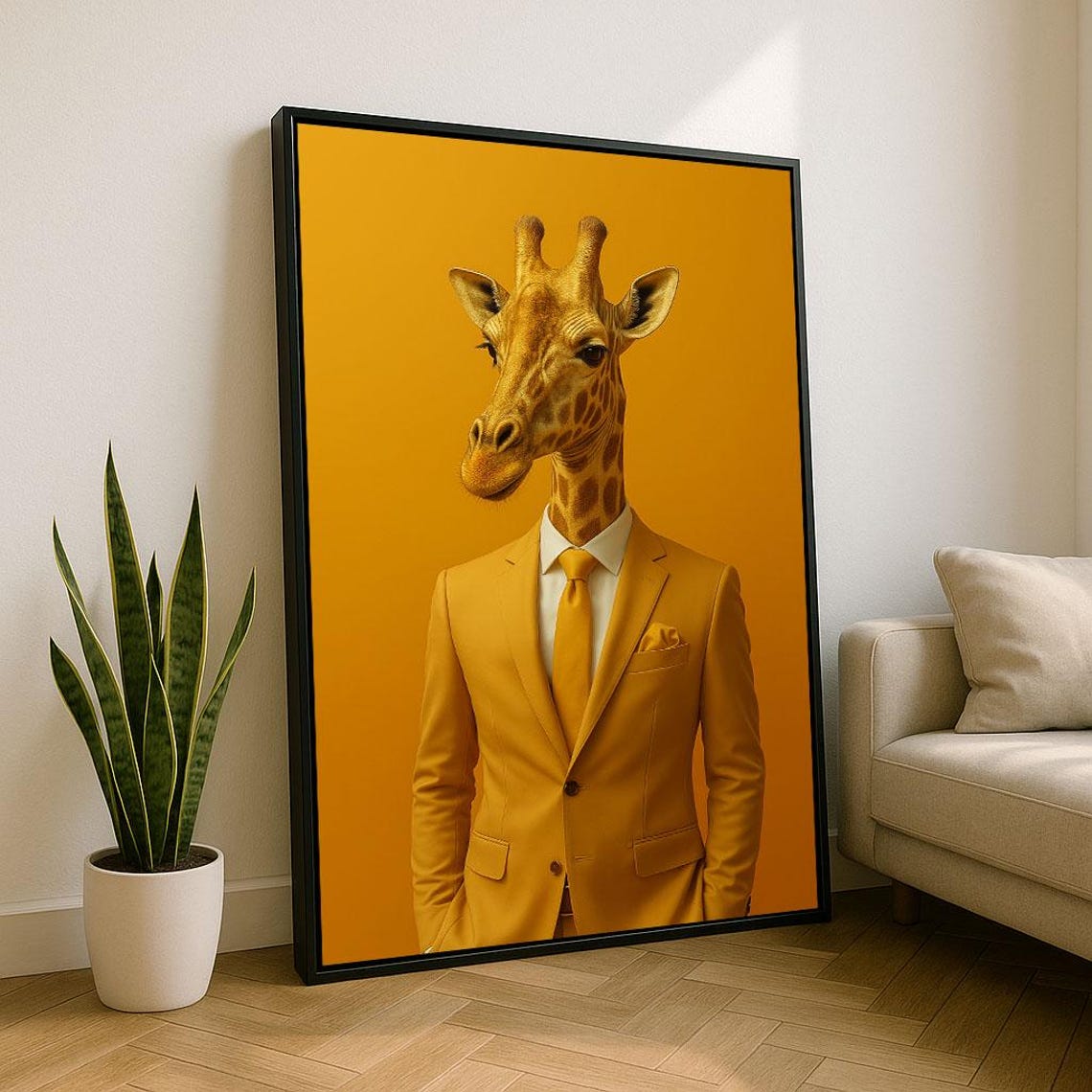 Whimsical Giraffe In Suit Canvas Wall Art Print Modern Living Room Decor Statement Piece
