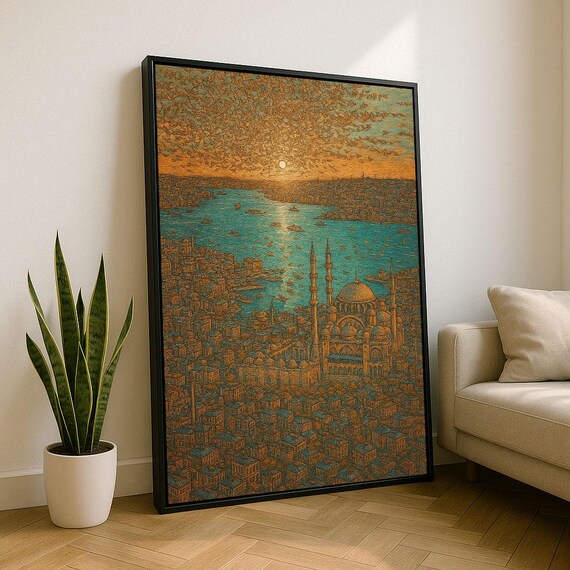 Istanbul Skyline Sunset Engraved Style Mosque Seagulls Wall Art