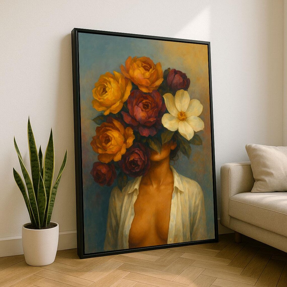 Surreal Floral Woman Portrait With Blooming Bouquet Head Poster