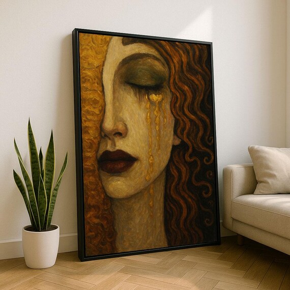 Elegant Golden Tears Woman With Flowing Hair Canvas Wall Art Print Warm Living Room Decor Statement Piece