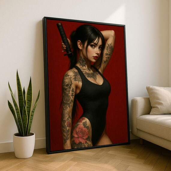 Tattooed Woman With Katana Black Bodysuit Red Background Poster