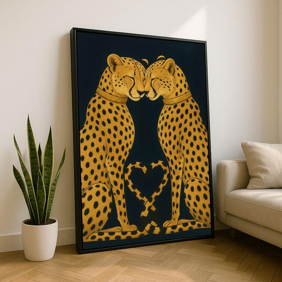 Loving Cheetah Couple Canvas Wall Art Print Modern Boho Living Room Decor Statement Piece