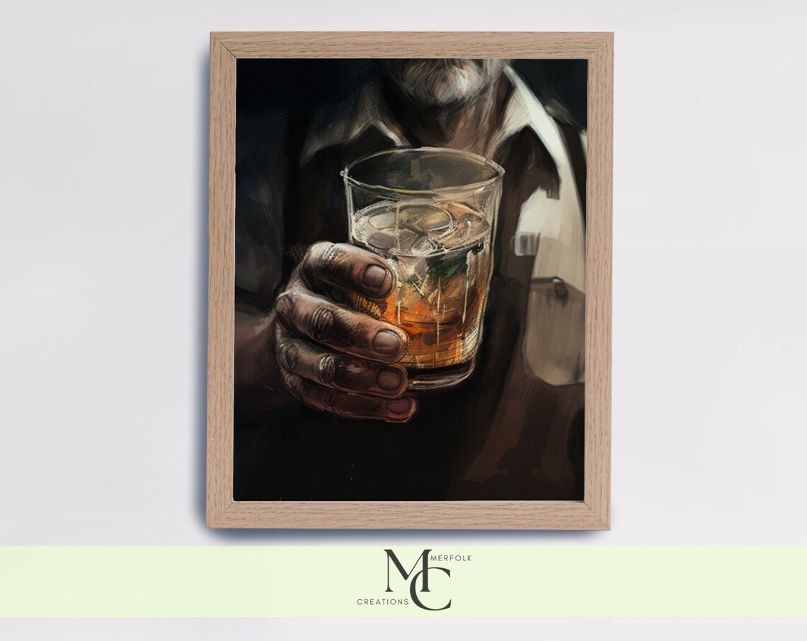 Bearded Bartender Holding a Whiskey Glass Moody Oil Paint Poster