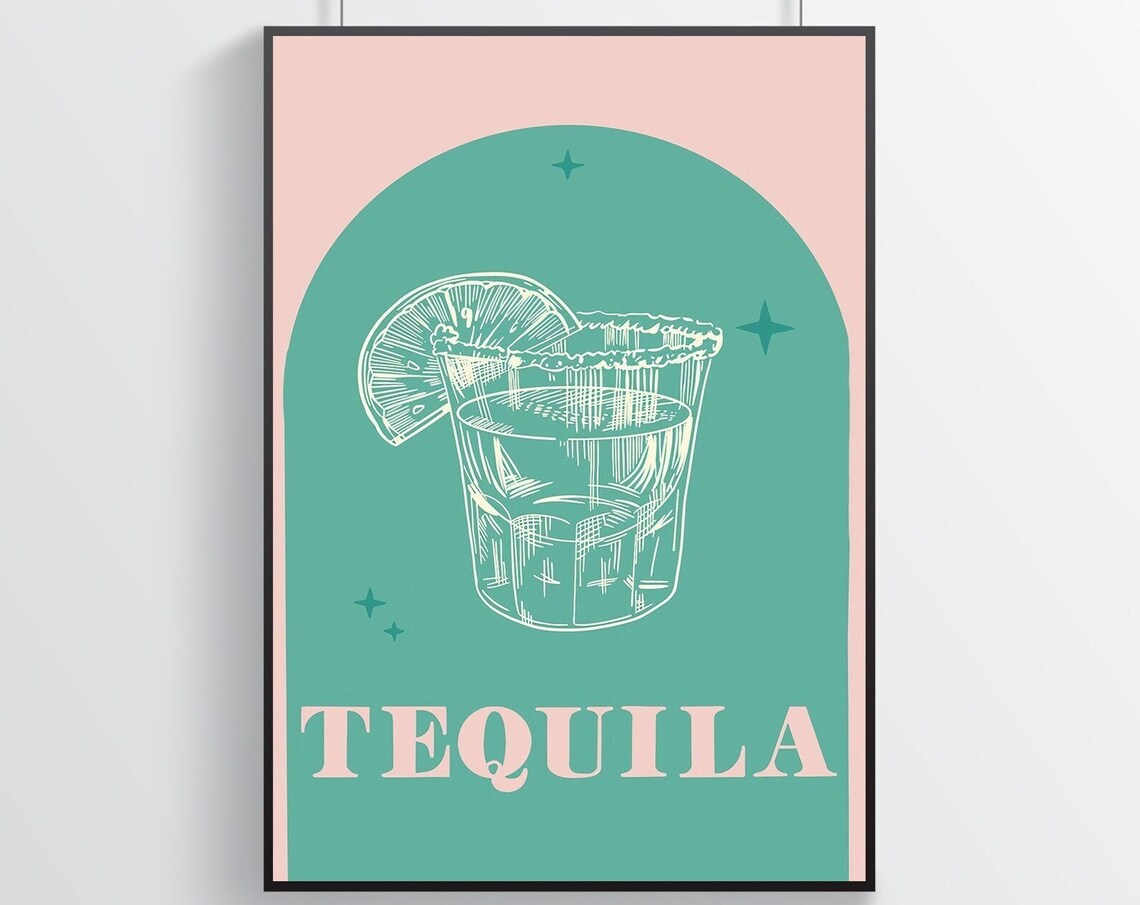 Tequila Salted Shot Glass With Lime White Line Art Bar Poster