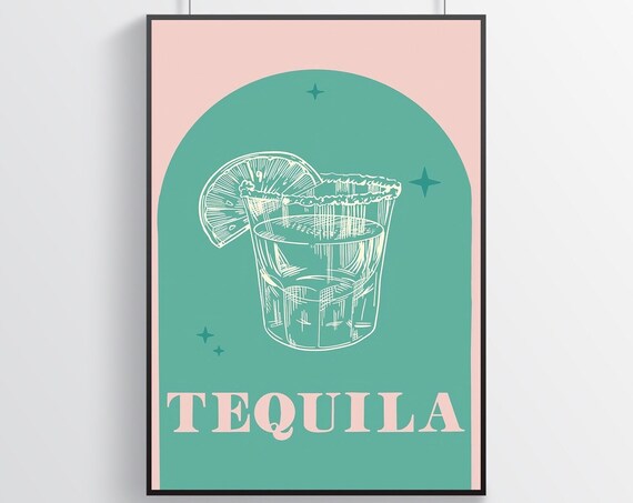 Tequila Salted Shot Glass With Lime White Line Art Bar Poster