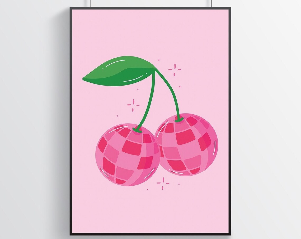 Pink Disco Mirrorball Cherries Sparkling Glam Cute Party Poster