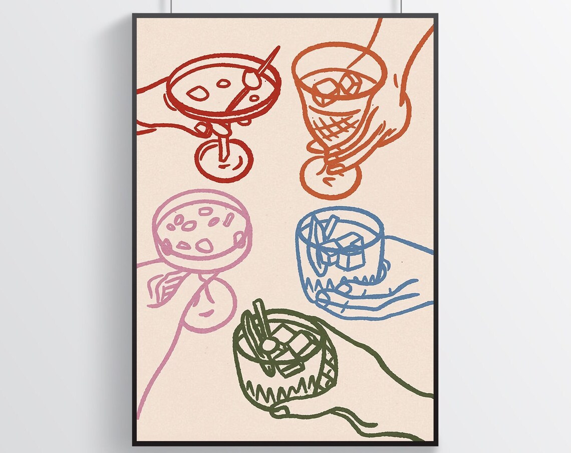 Colorful Hand Drawn Line Art Cocktail Glasses Toast Bar Poster