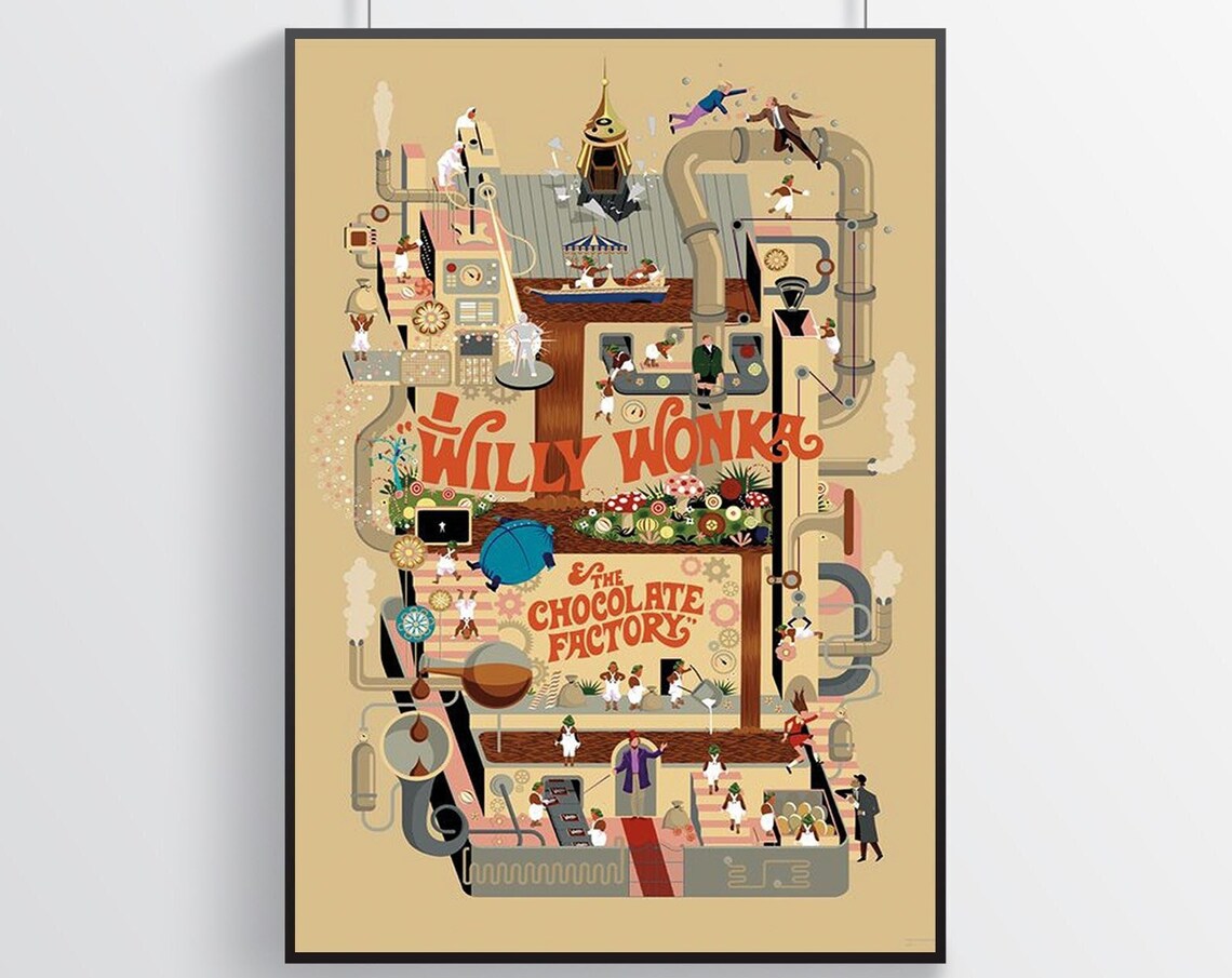 Willy Wonka Chocolate Factory Whimsical Cutaway Movie Art Poster