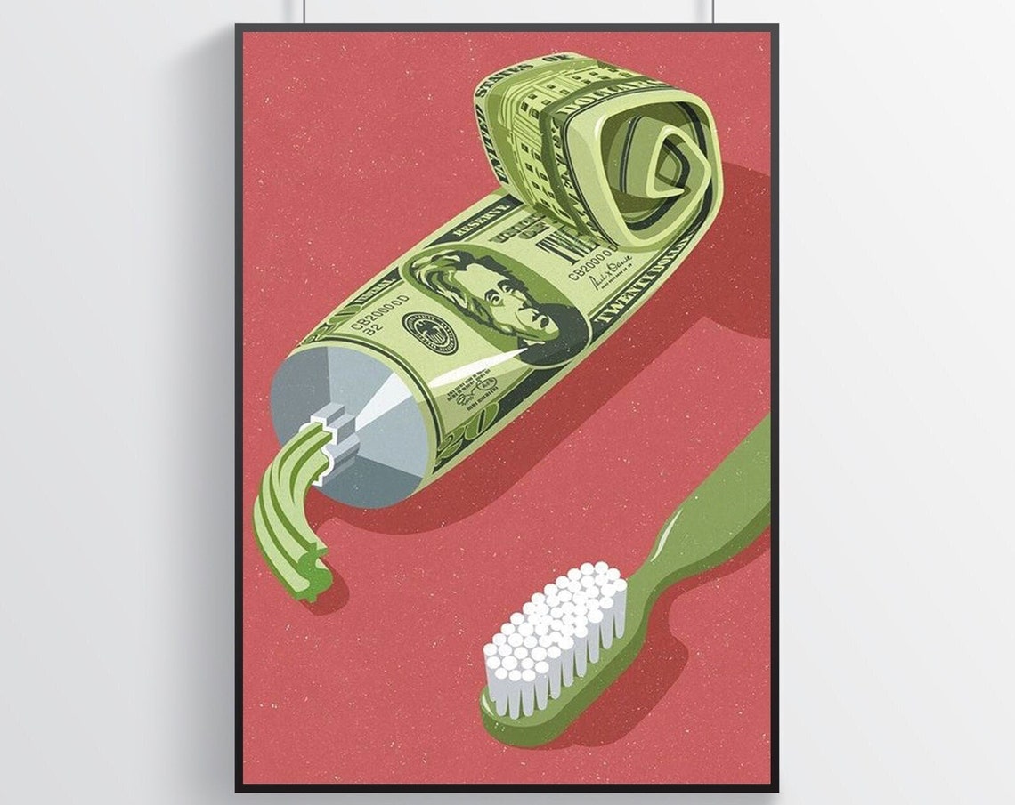 Money Toothpaste Surreal Pop Art Witty Green Bathroom Poster