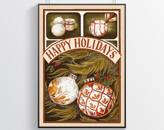 Happy Holidays Hand-Painted Ornaments Vintage Festive Poster