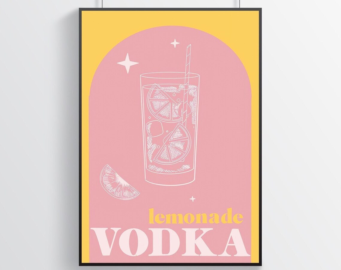 Retro Lemonade Vodka Cocktail Bar Cart Drink Recipe Art Poster