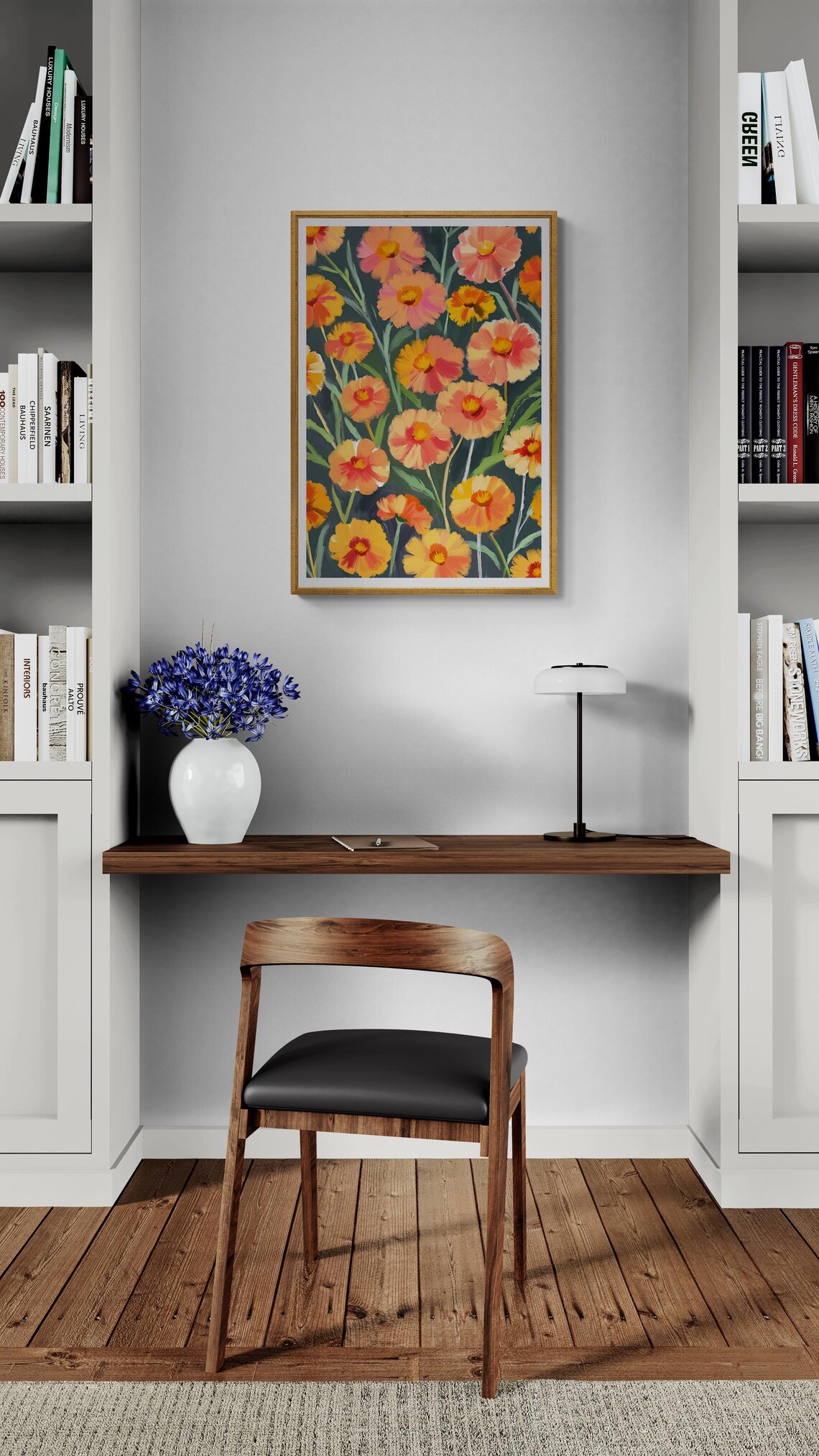 Orange Wildflower Blooms Dark Teal Background Bold Botanical Wall Art Poster - Image 3