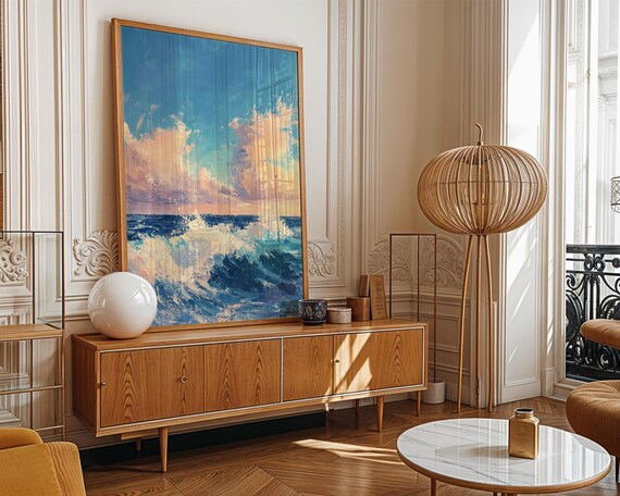 Crashing Ocean Waves Pastel Clouds Impressionist Seascape Art Poster