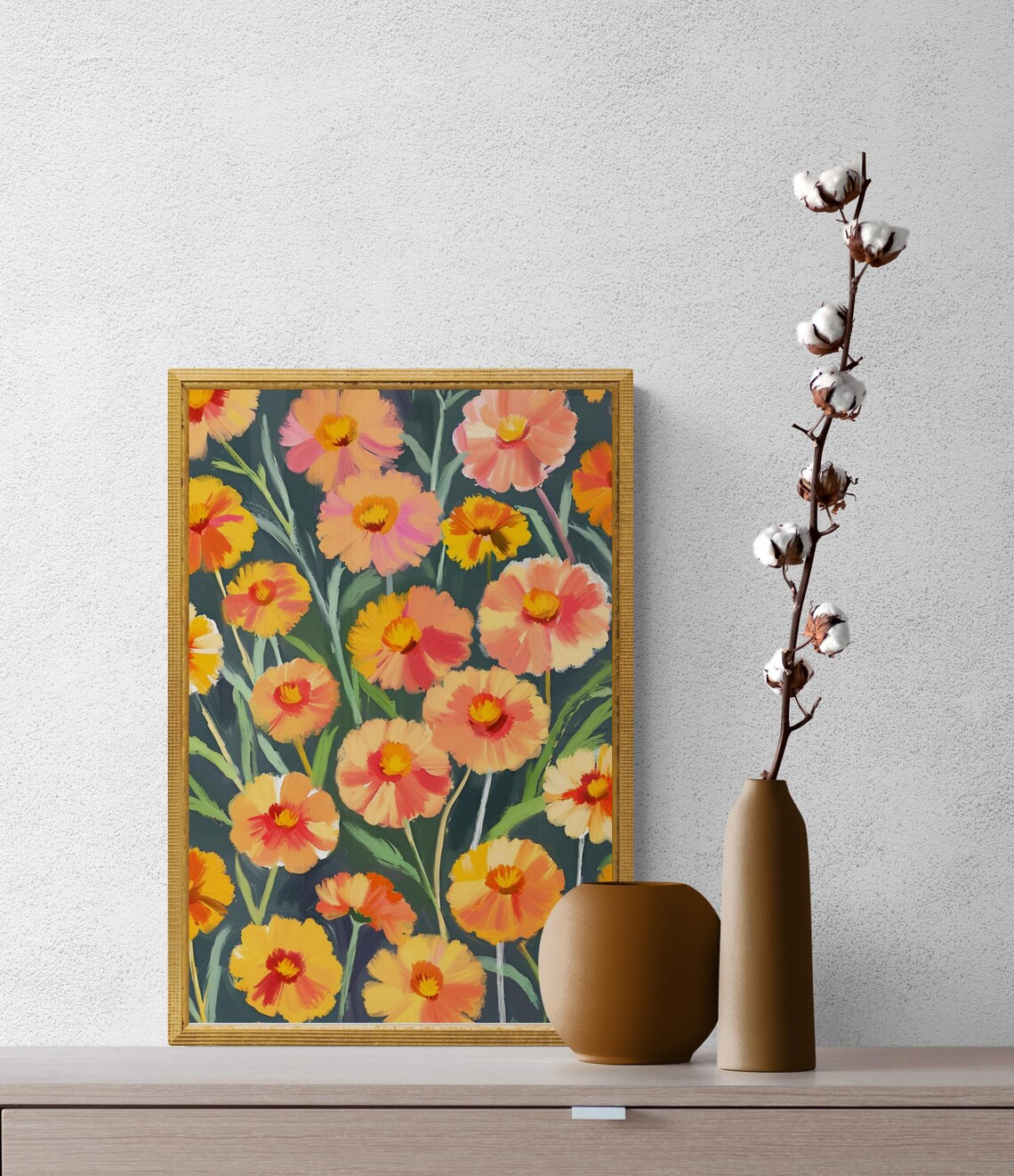 Orange Wildflower Blooms Dark Teal Background Bold Botanical Wall Art Poster - Image 2
