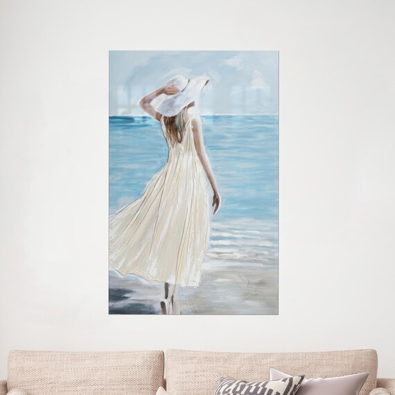 Woman in White Dress Sunhat Beach Ocean Watercolor Painting Poster