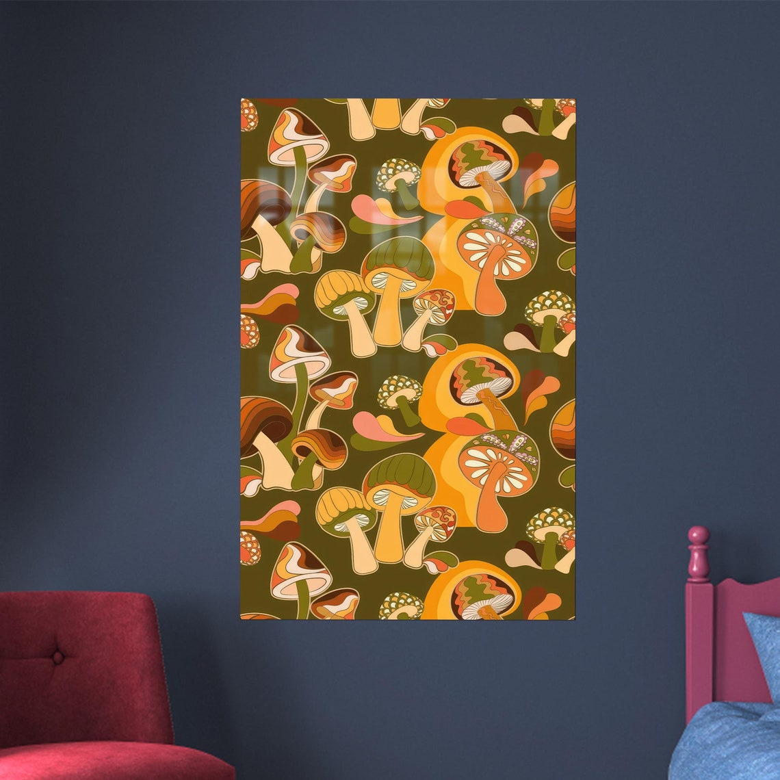 Retro Mushroom Pattern Orange 70s Vintage Cottagecore Wall Poster