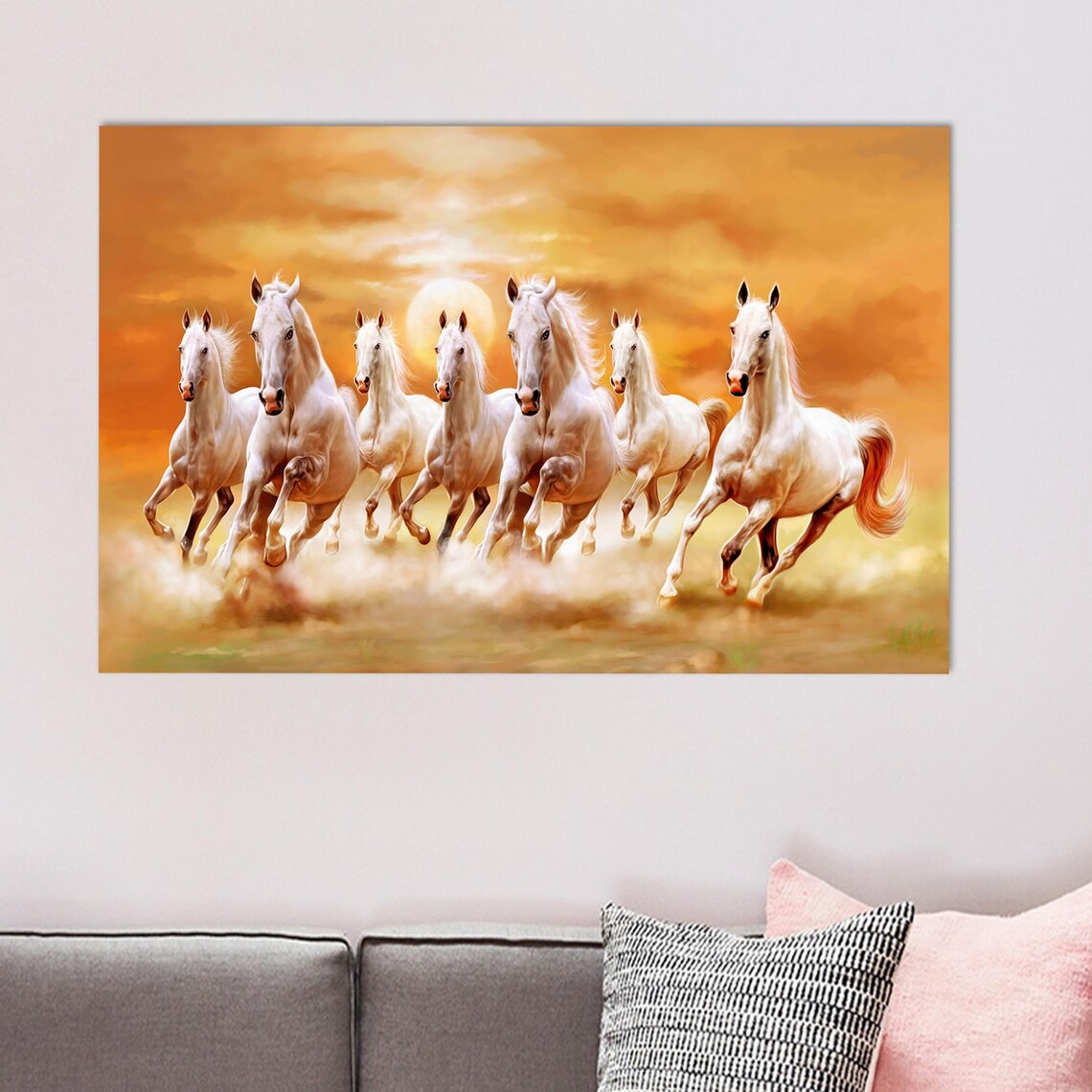 Seven White Horses Galloping Sunset Golden Orange Sky Art Poster