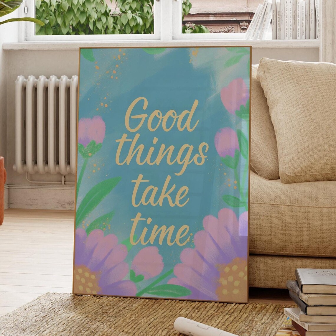Good Things Take Time Quote Poster Pastel Floral Motivational Wall Art - Image 4