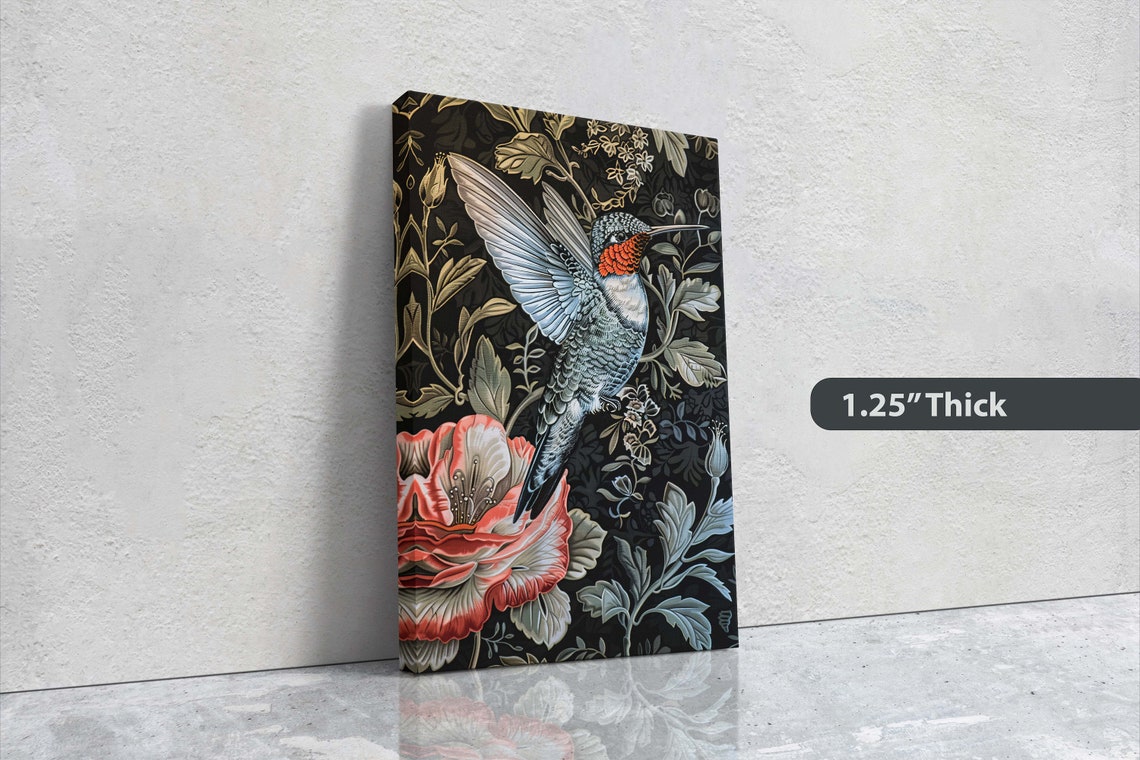 Ruby Hummingbird on Pink Blossom Black Floral William Morris Wall Art - Image 3