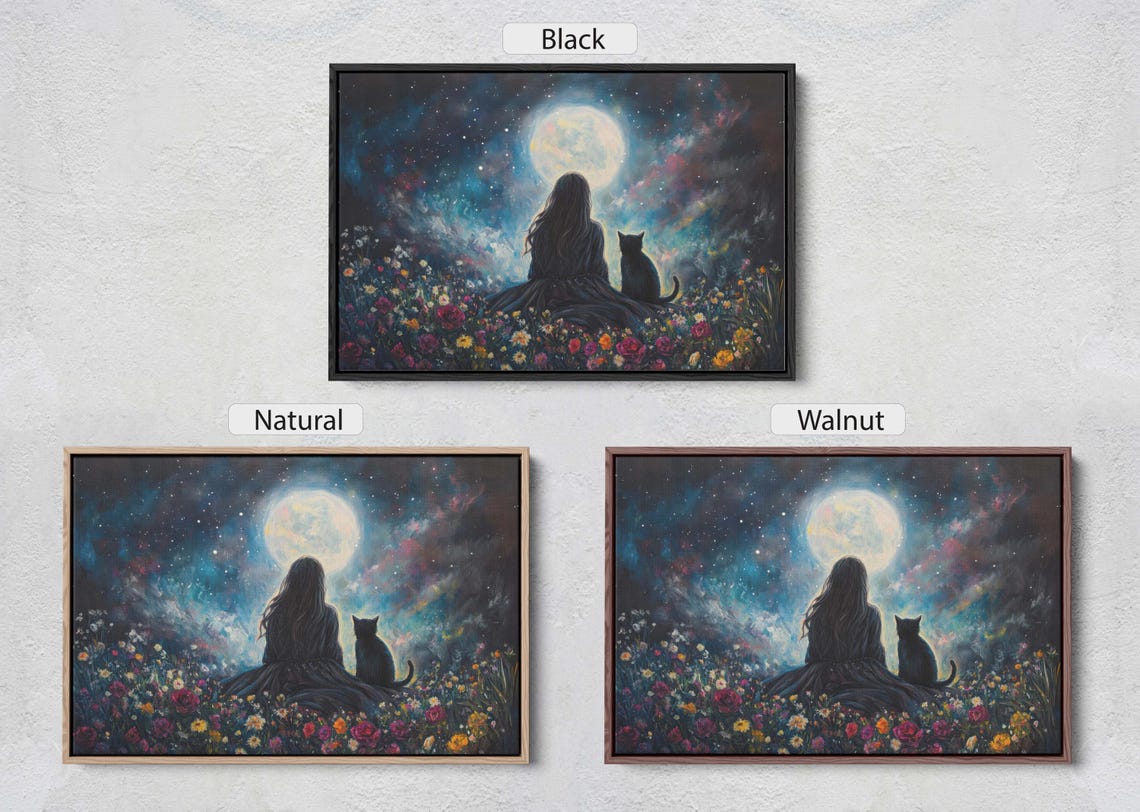 Girl and Black Cat Watching Full Moon in Starry Wildflower Field Print - Image 2