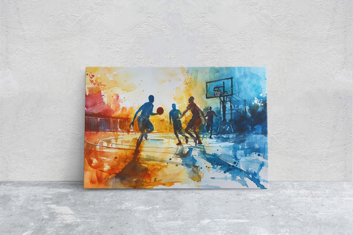 Street Basketball Players Sunset Watercolor Urban Court Sports Poster