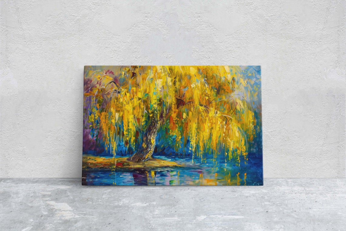 Golden Weeping Willow By Water Impressionist Gold Blue Art Poster