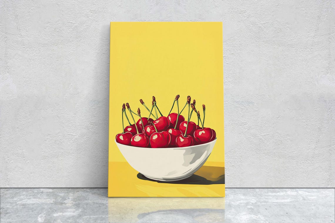 Pop Art Bowl Of Red Cherries On Bright Yellow Kitchen Poster - Image 2