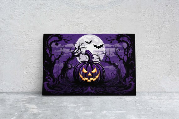 Purple Jack O Lantern Full Moon Bats Spooky Night Halloween Art Poster
