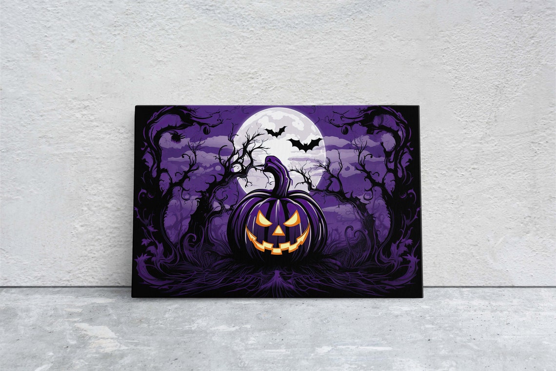Purple Jack O Lantern Full Moon Bats Spooky Night Halloween Art Poster