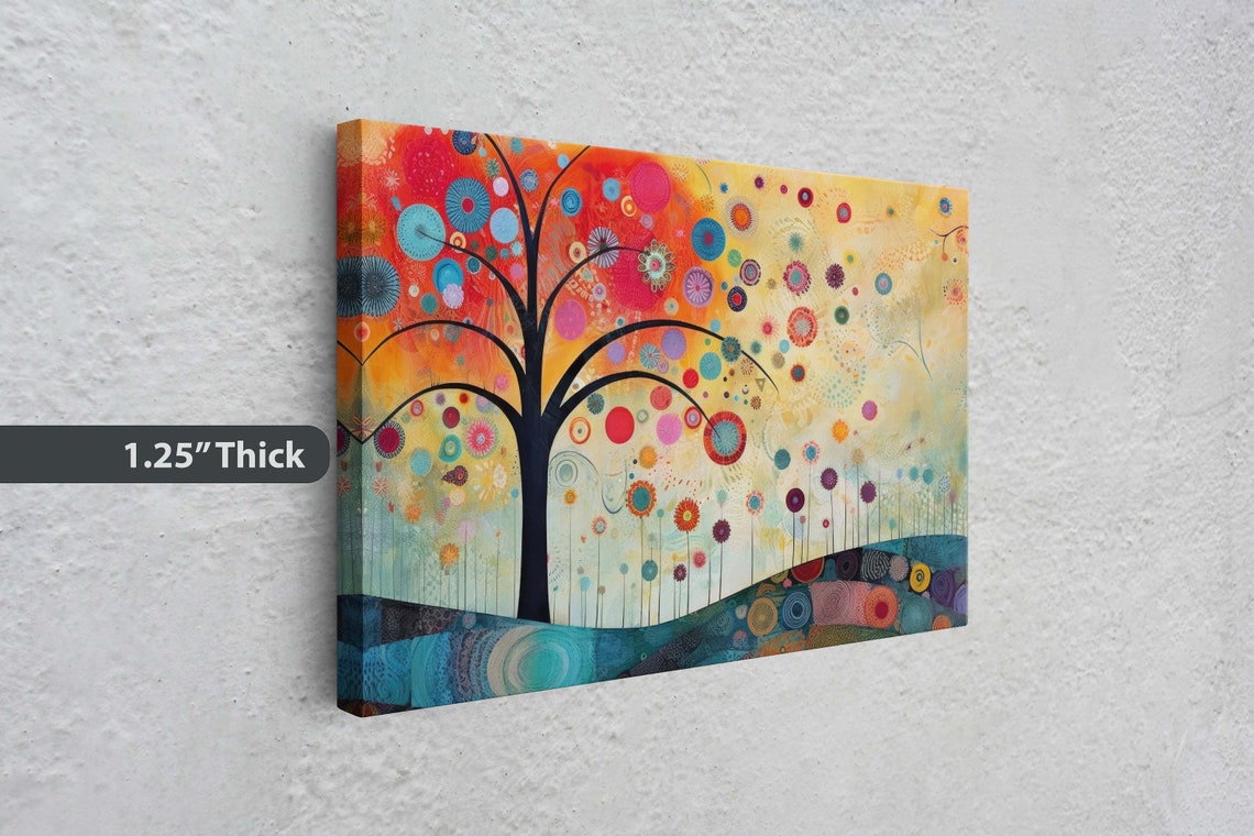 Whimsical Tree Of Life Colorful Circle Blossoms Sunset Meadow Poster - Image 3