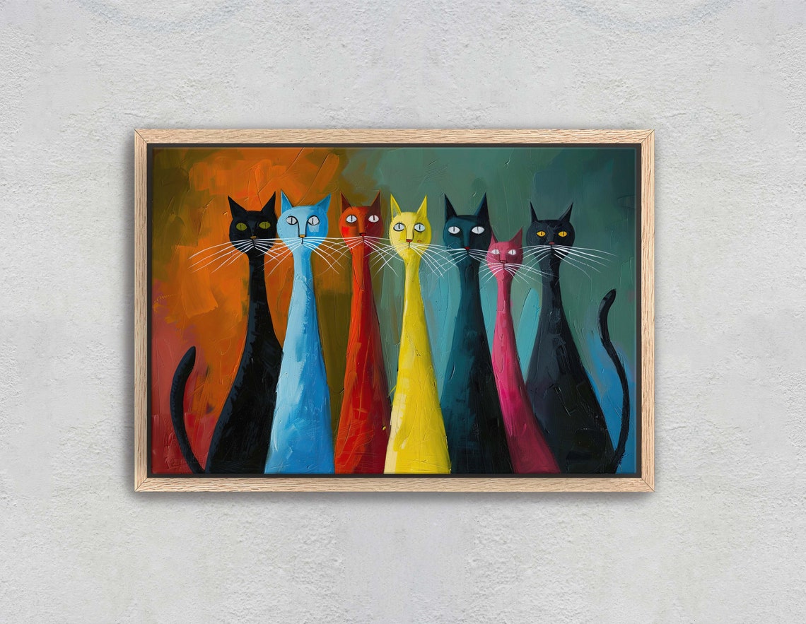 Seven Colorful Cats Whimsical Rainbow Long Whiskers Art Poster - Image 2