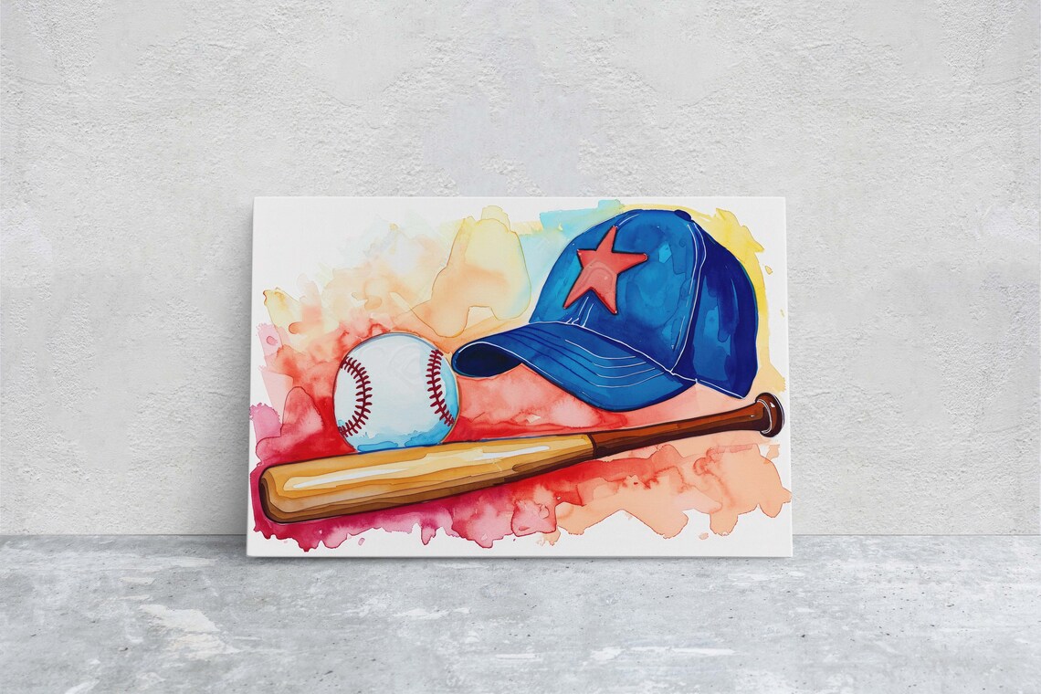 Colorful Watercolor Baseball Blue Cap Red Star Wooden Bat Art Poster