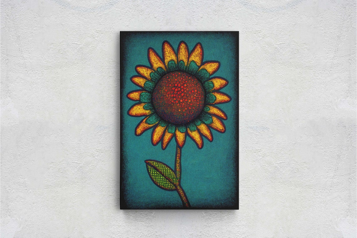 Pointillism Sunflower Teal Background Modern Floral Wall Art Poster - Image 2