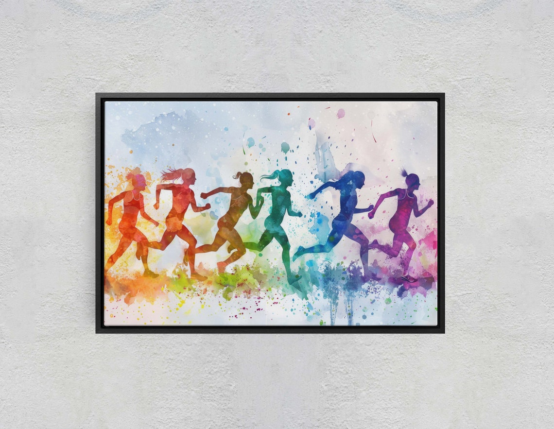 Womens Track Runners Rainbow Watercolor Silhouette Sports Art Poster - Image 2