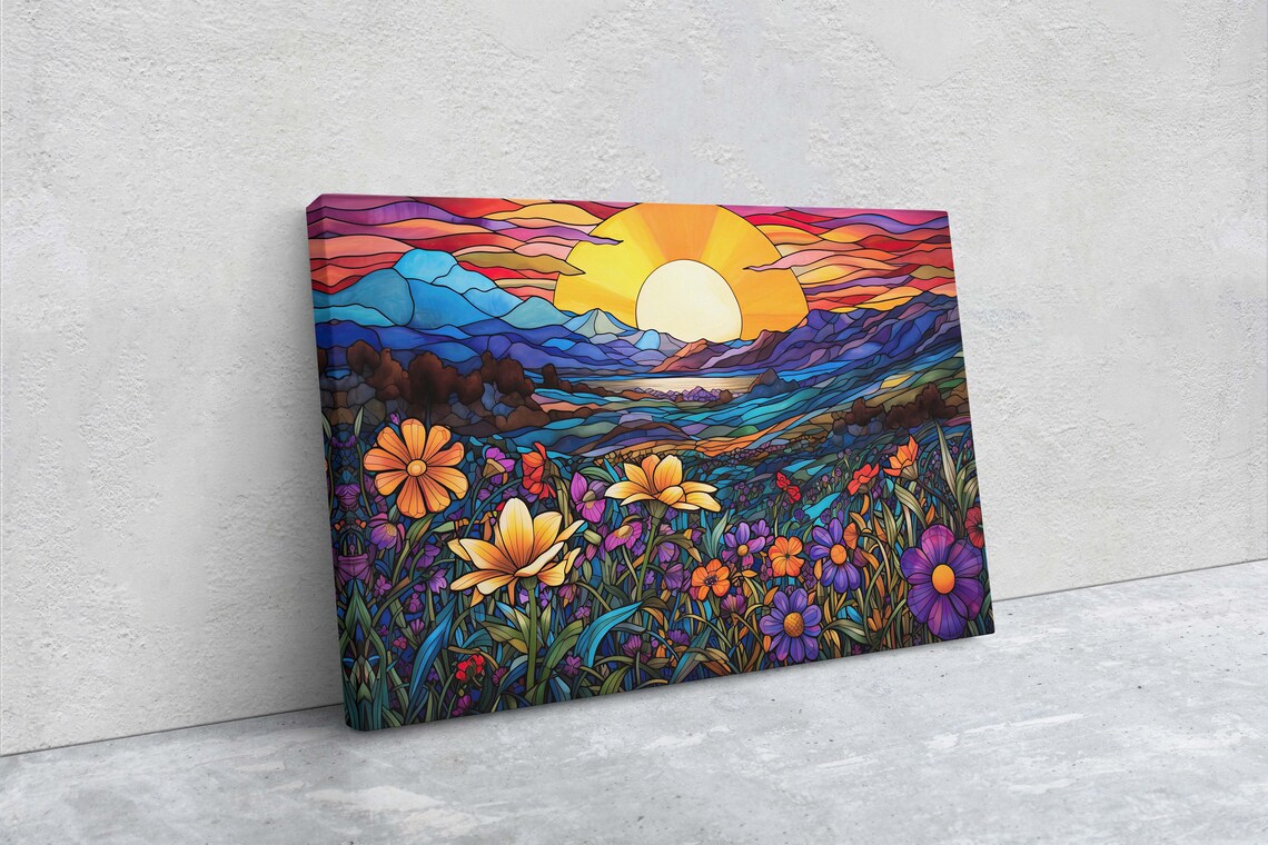 Stained Glass Blue Mountains Floral Landscape Art Print - Image 2