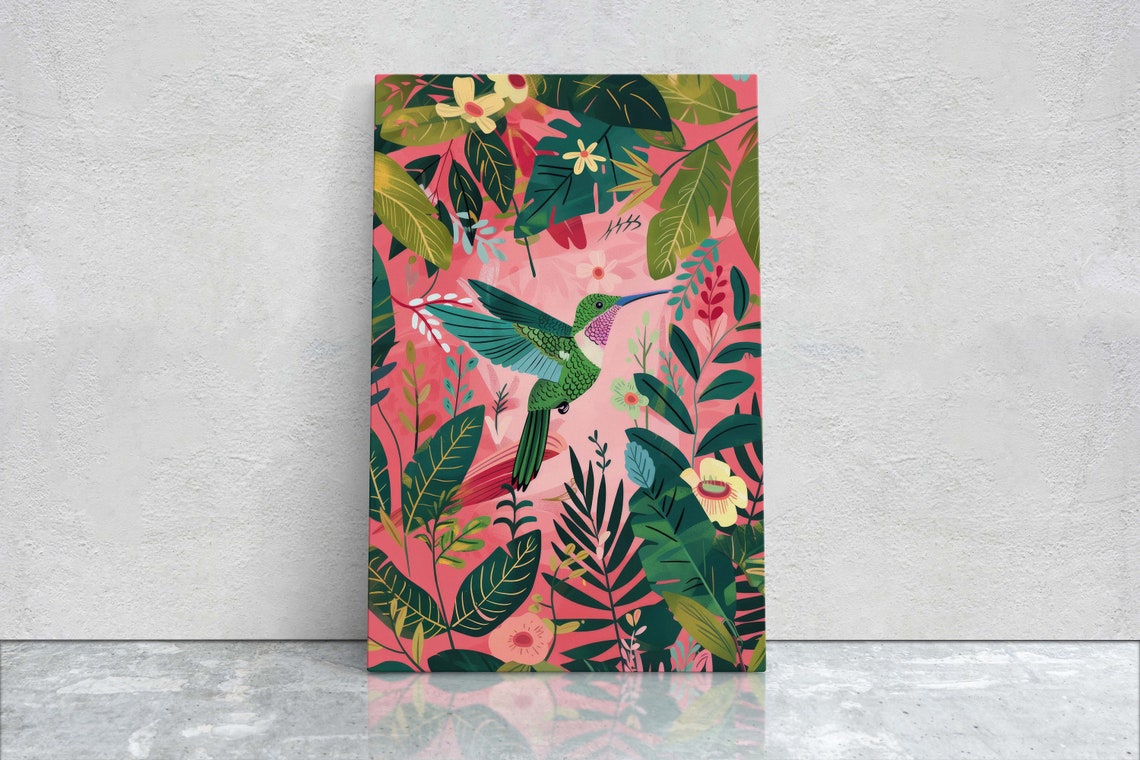 Hummingbird Pink Framed Tropical Art Maximalist Jungle Botanical Print Bold Eclectic Pink Art