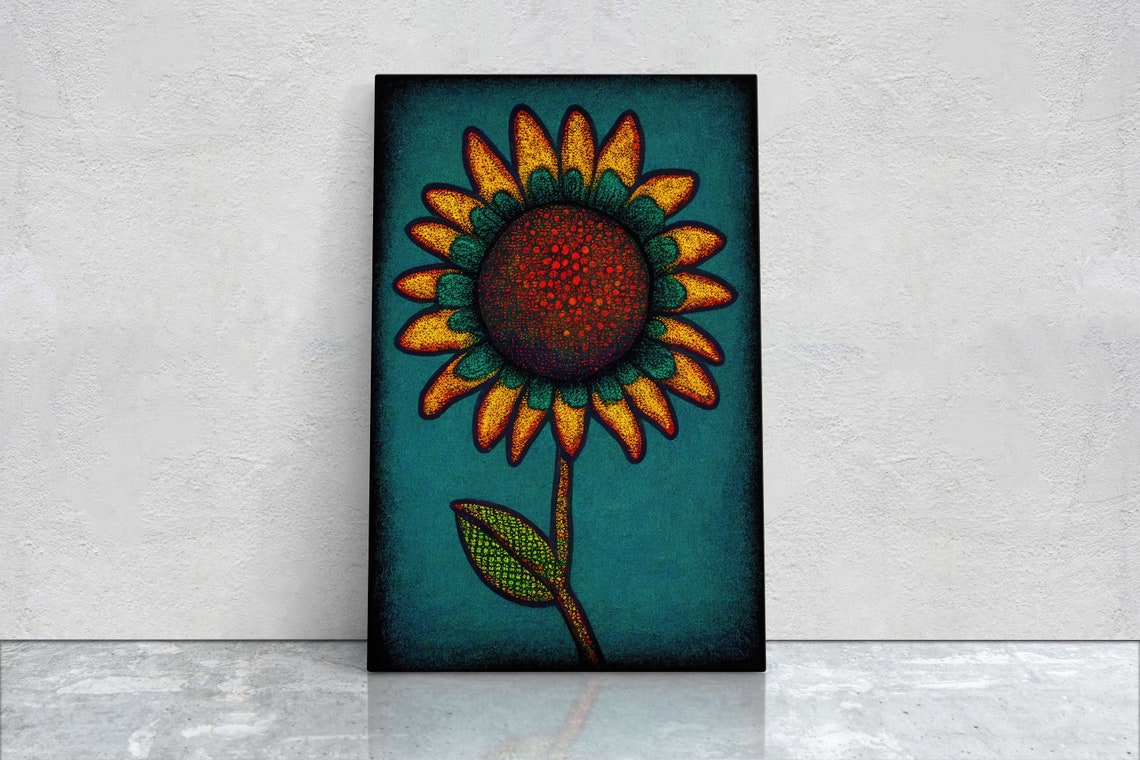 Pointillism Sunflower Teal Background Modern Floral Wall Art Poster